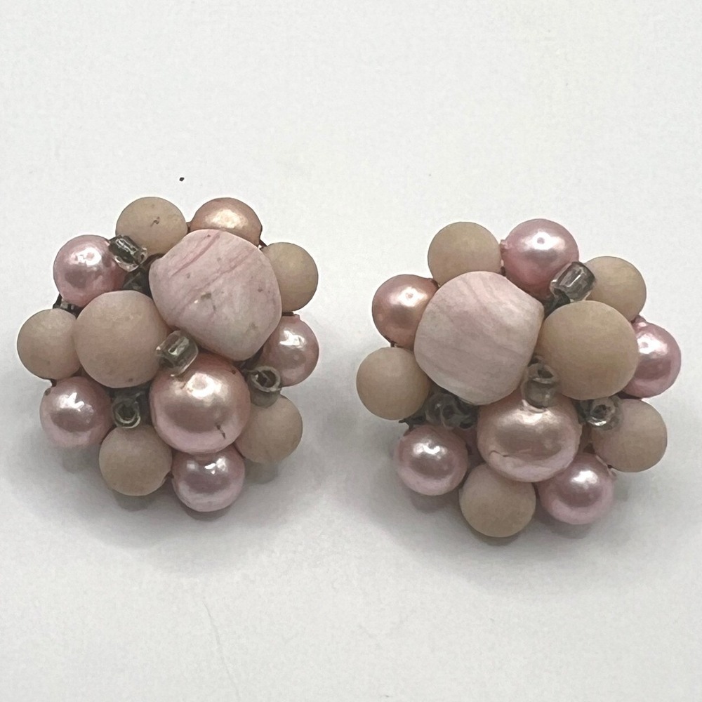 Vintage Clip On Earrings Pink‎ Cluster Flower Silver Tone Made in Japan